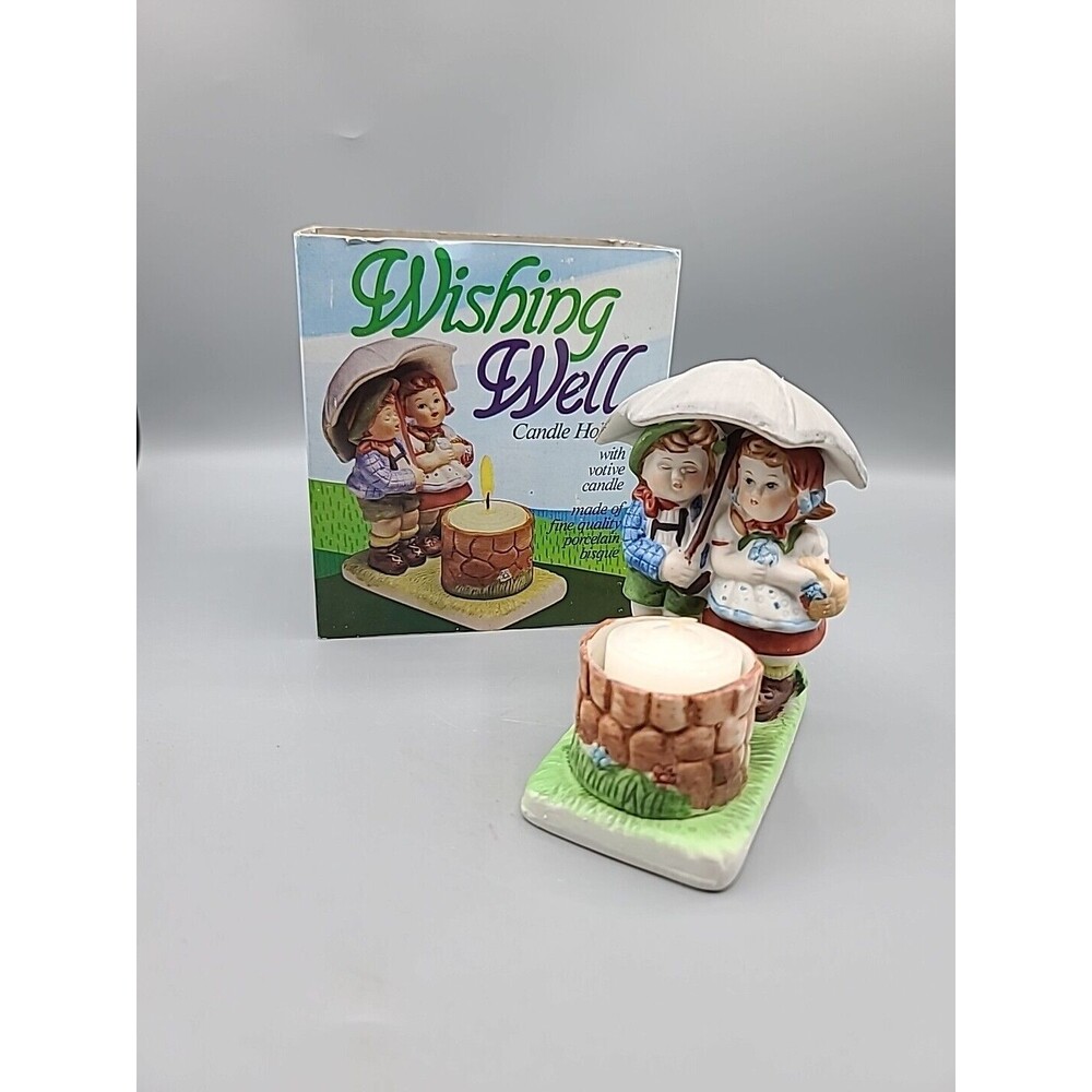 Porcelain Bisque Wishing Well Votive Candle Holder Handpainted Boy Girl 1981